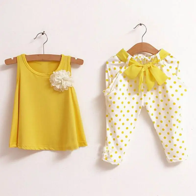 

2016 New Design Baby Summer Clothes Sets T-shirt Pants Girls Sweet Clothes Flower Vest Polka Dot Harem Pants Twinset