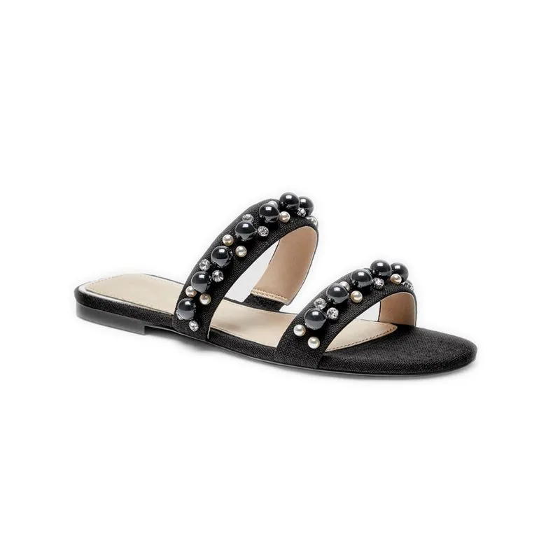 Women Slippers Summer Beach Pearl Shoes Solid Rubber Sole Outside Slides Comfortable Rhinestone bead | Обувь