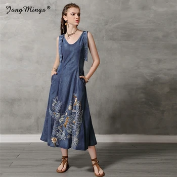 

Sleeveless Women's Wear 2019 Plus Size Denim Dress Summer V-neck Vest Dress Mid-calf Length Vintage Embroidered High Waist Dress