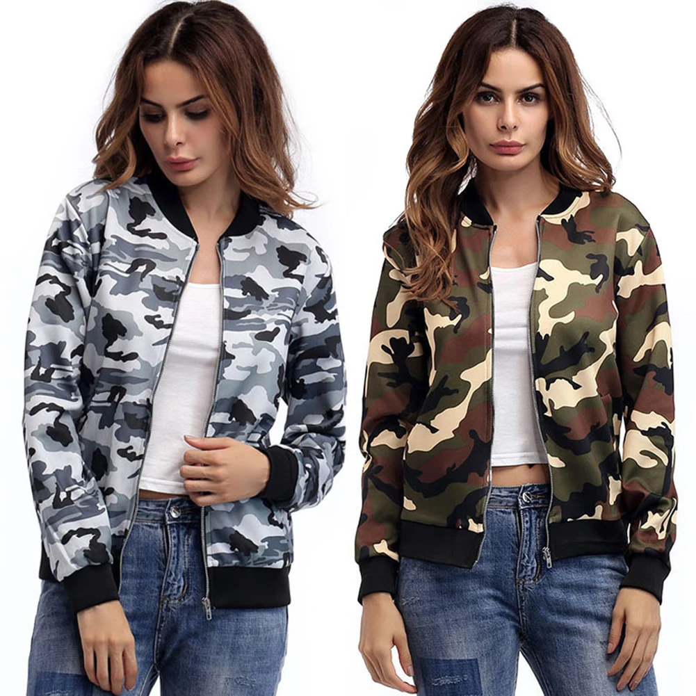 

Women Fashion Camouflage Jacket Casual Long Sleeve Slim Zippered Coat Outwear