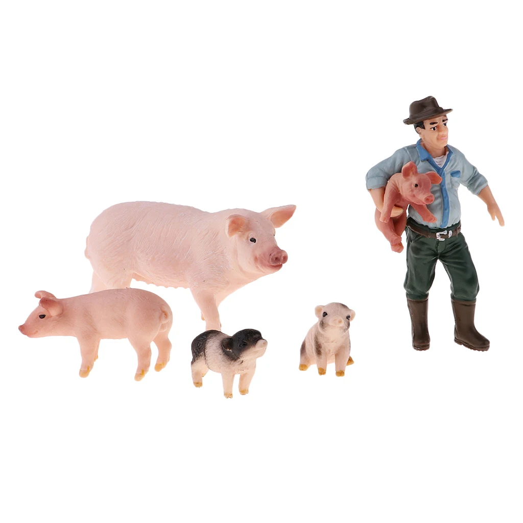 Plastic Farm Animals Toy Realistic Farm Animal Model Action Figure Collectible - Farmer & 4 Pigs