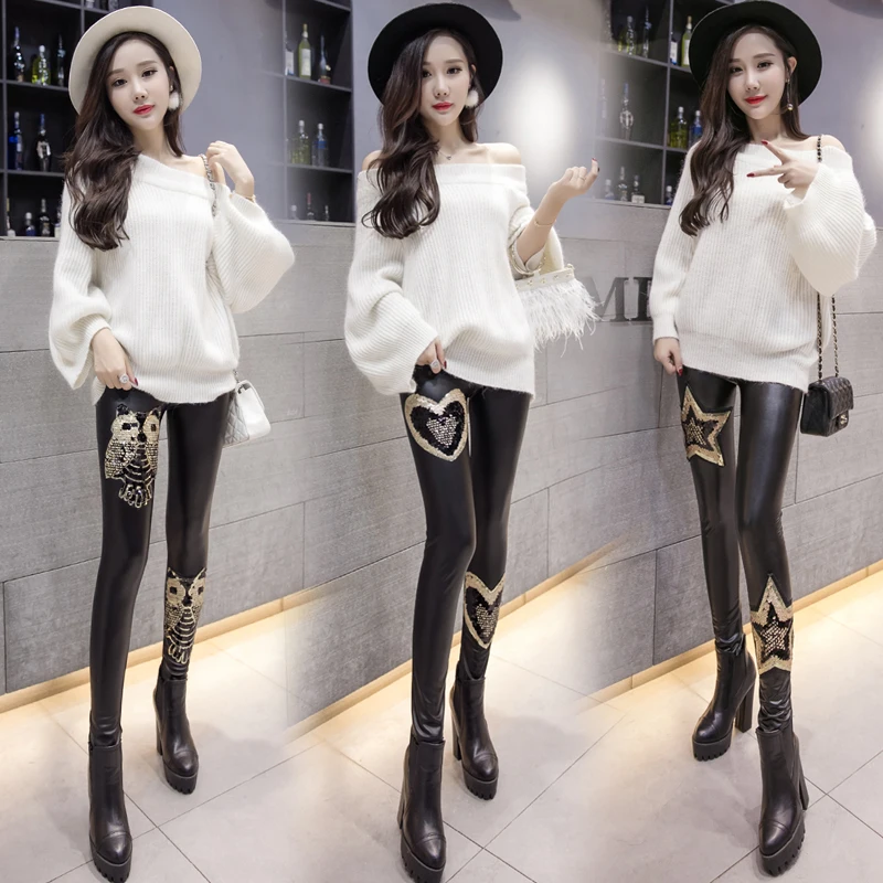 2018 New Spring Autumn Women Leather Pants Female lace