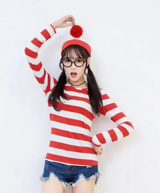 Маскарадный костюм Where is Wally Waldo с героями мультфильмов для родителей и детей рубашка в красную полоску+ шляпа+ очки - Цвет: woman no legging