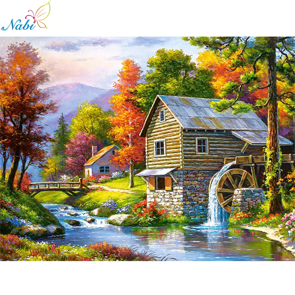 

Nabi Diamond Embroidery Landscape Handmade Diamond Painting Village Needlework Mosaic Cross Stitch Home Decor
