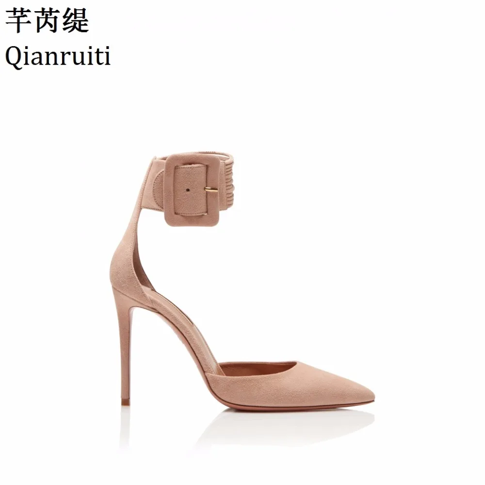 

Qianruiti Red Nude Faux Suede High Heels Women Sandals Pointed Toe Thin Heels Women Shoes Summer Ankle Buckle Strap Women Pumps