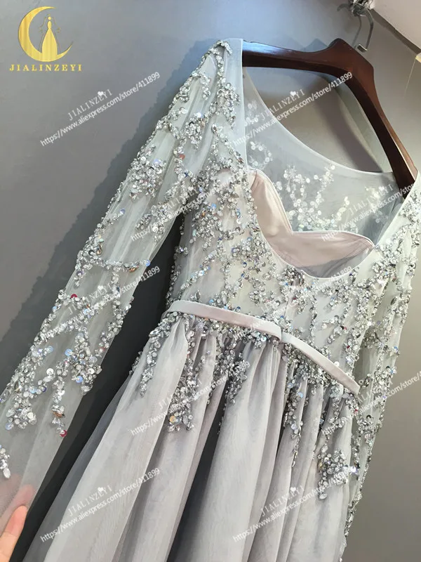 JIALINZEYI реальное изображение серый одежда с длинным рукавом Роскошные бусы Кристалл Sequinfloor Длина Вечерние платья Вечернее платье вечернее платье