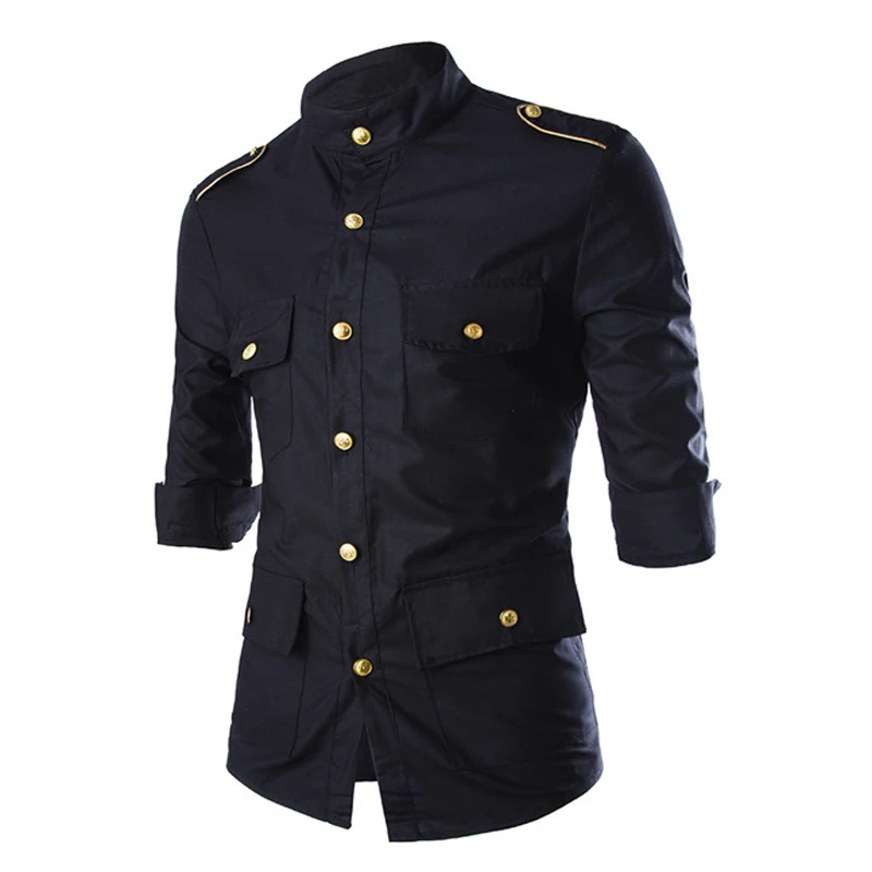 الرجال قميص 2019 الأزياء الكورية البرية طويلة الأكمام عارضة قمصان الرجال الكتفية أزرار تزيين موحدة صالح سليم ملابس للرجال الأسود