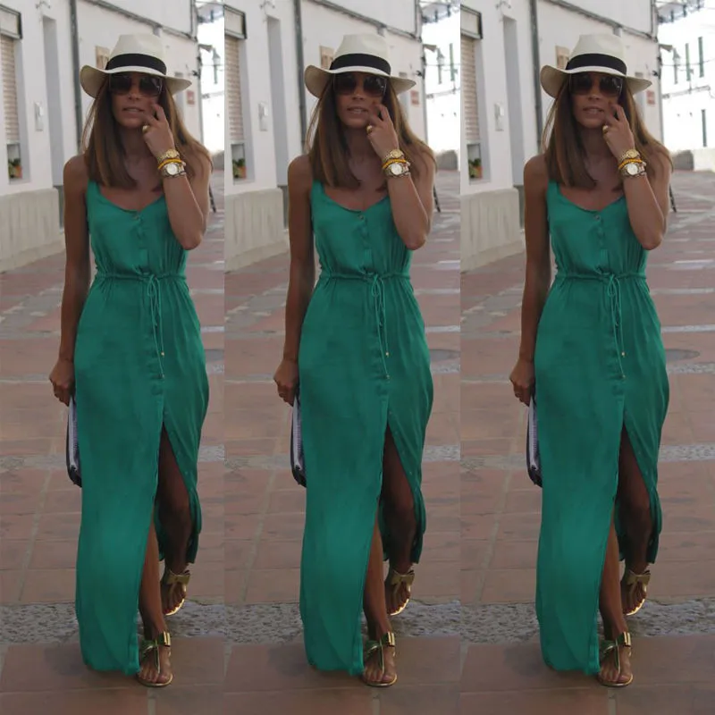 

2017 New Brand Women Summer Casual Chiffon Beach Dress Fashion Summer Ladies Sexy Sleeveless Buttoned Solid Maxi Dress