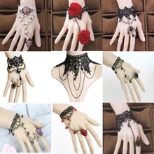 Готический браслет черный кружевной палец наручная цепочка с подвеской женский браслет Металлический Кристалл Шарм стимпанк леди старинные ювелирные изделия