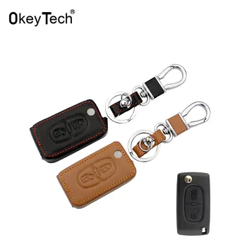 

OkeyTech 2 Button Flip Key Folding Leather Car Key Cover Case Protector for peugeot 307 206 407 207 Partner for Citroen C3 C4 C5