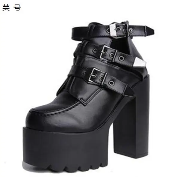 PLadies Zapatos Mujer Martin Fashion Chaussure Female Punk Female Platform Chunky High Heels 14cm Belt Buckle Shoes Woman Pumps