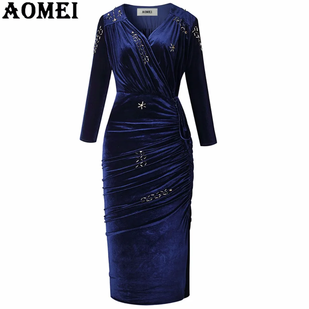 

Women Bodycon Beading Dresses Velvet Winter Dress V Neck Slimming Navy Blue Office Lady Fall Fashion Party Tunics 2019 Robes