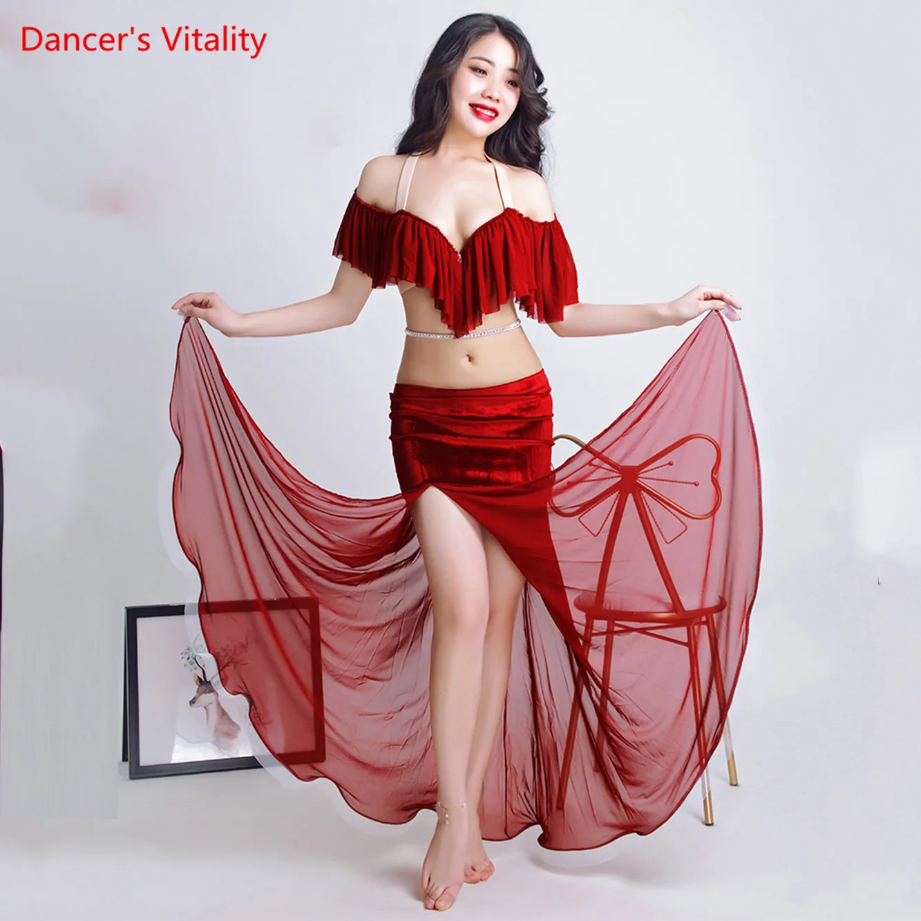 

New Belly Dance Skirt Professional Belly Dance Dress Performance Dress Division Bra+Split Skirt 2pcs Set