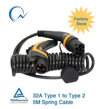 32A однофазный кабель EV J1772 тип 1-Тип 2 IEC 62196-2 EV разъем для зарядки с 5 метровым спиральным кабелем TUV/UL электромобиль