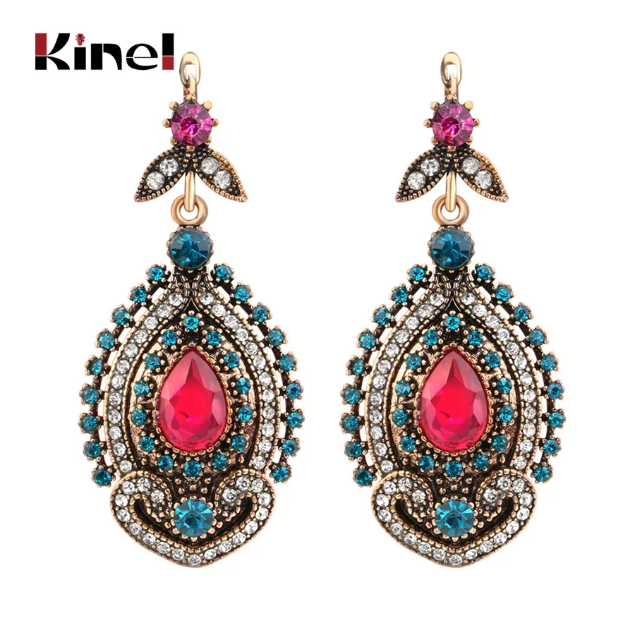 

Kinel Fashion Pink Big Drop Earrings Gold Color Mosaic Blue Crystal Vintage Wedding Earrings For Women Love Gift Turkey Jewelry