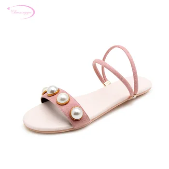 

Chainingyee sweet nubuck summer sandal fashion metal string beading slip-on black pink apricot green flat heel women's shoes
