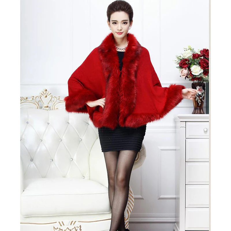

Fashion Faux Fur Shawl Cloak Knitted Sweater Cardigan Slim Cashmere Raccoon Fur Coat Women AA-003