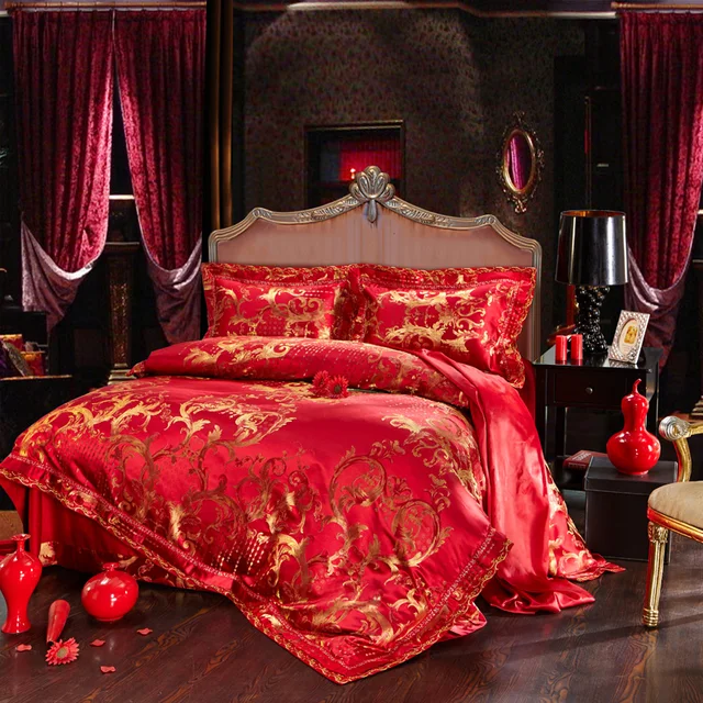 red golden oriental embroidery stain luxury wedding bedding set king royal bed sheet