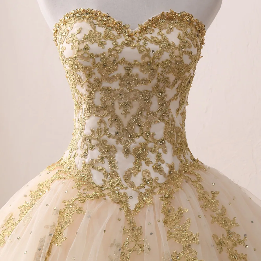 Robes de Quinceanera dorées avec appliques en dentelle, robe de Rhperlée, robe éducative sans bretelles, 15 ans