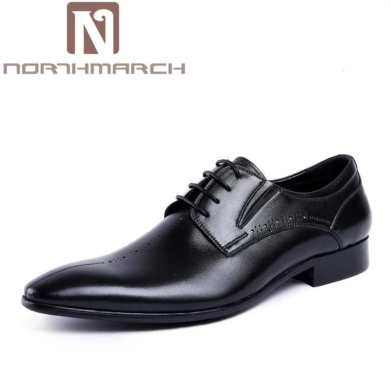 

NORTHMARCH 2018 Autumn New Genuine Leather Lace Up Men Formal Shoes Pointed Toe Business Office Male Dress Shoe Brown Men's Flat