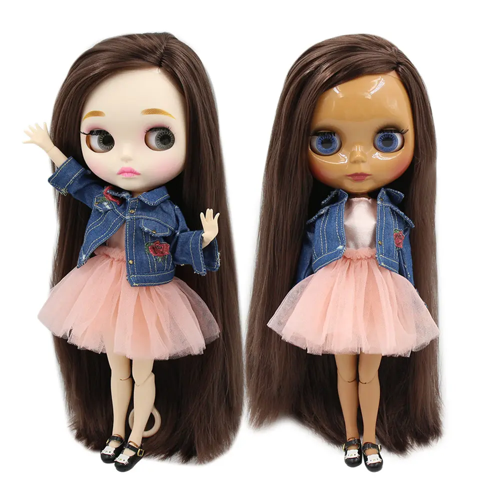 Кукла ICY DBS Blyth 1/6 bjd игрушка темная кожа белая длинные прямые темно коричневые
