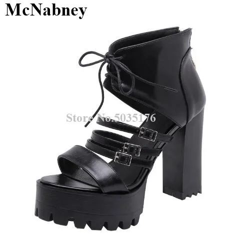 

2019 Summer Peep Toe Waterproof Platform Thick High Heel Narrow Band Zip European And American Ankle Lace-Up Women Short boots
