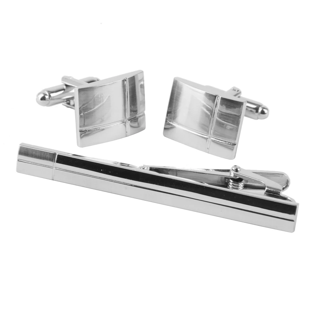 

Fashion Men's Silver Copper 1 Pair Cufflinks and Tie Clip Clasp Bar Pin Gift Set
