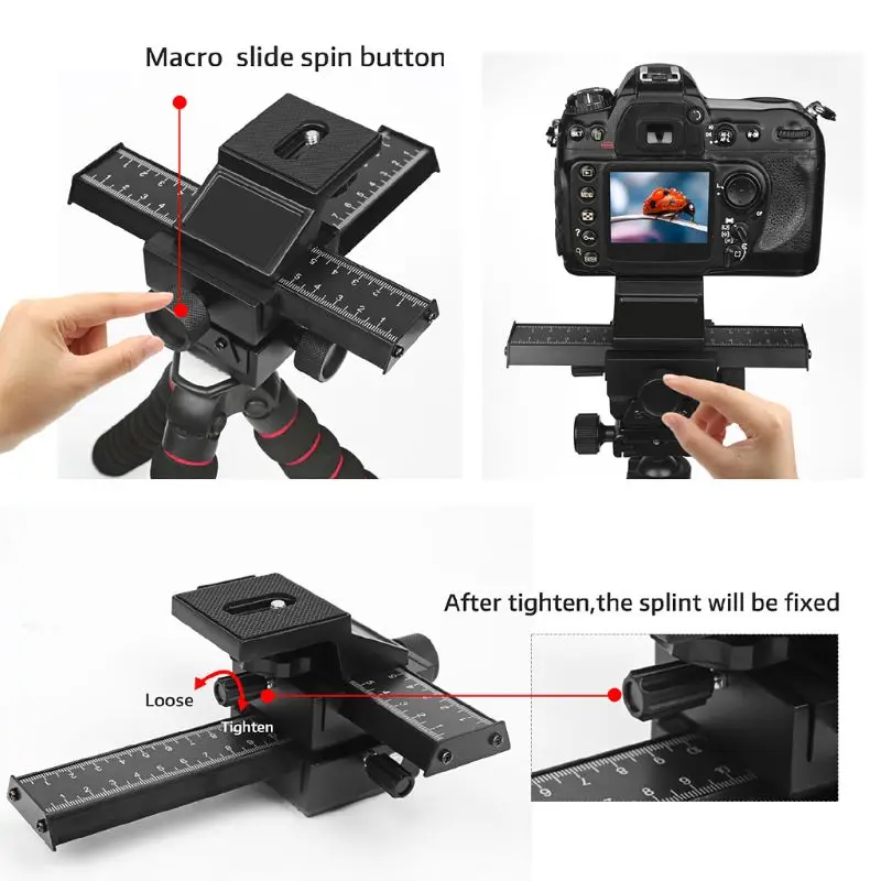 

Macro Instrument 4 Way Focus Rail Slider Gimbal Close-Up Shooting Bracket Standard 1/4 "Screw for Canon Nikon Pentax Sony