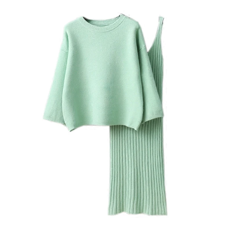 

New 2017 Spring Autumn Two Piece Women Casual Loose Long Sleeved Pullover Sweater And Slim V-neck Dresses Knitted Suit Casacos