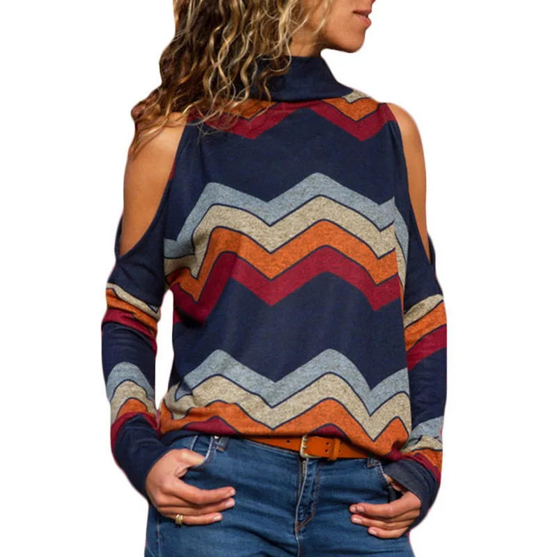 Laamei, Осенний женский свитер, сексуальный, с открытыми плечами, водолазка, пуловер, свитер, полосатый принт, свободный, Повседневный свитер, женский джемпер