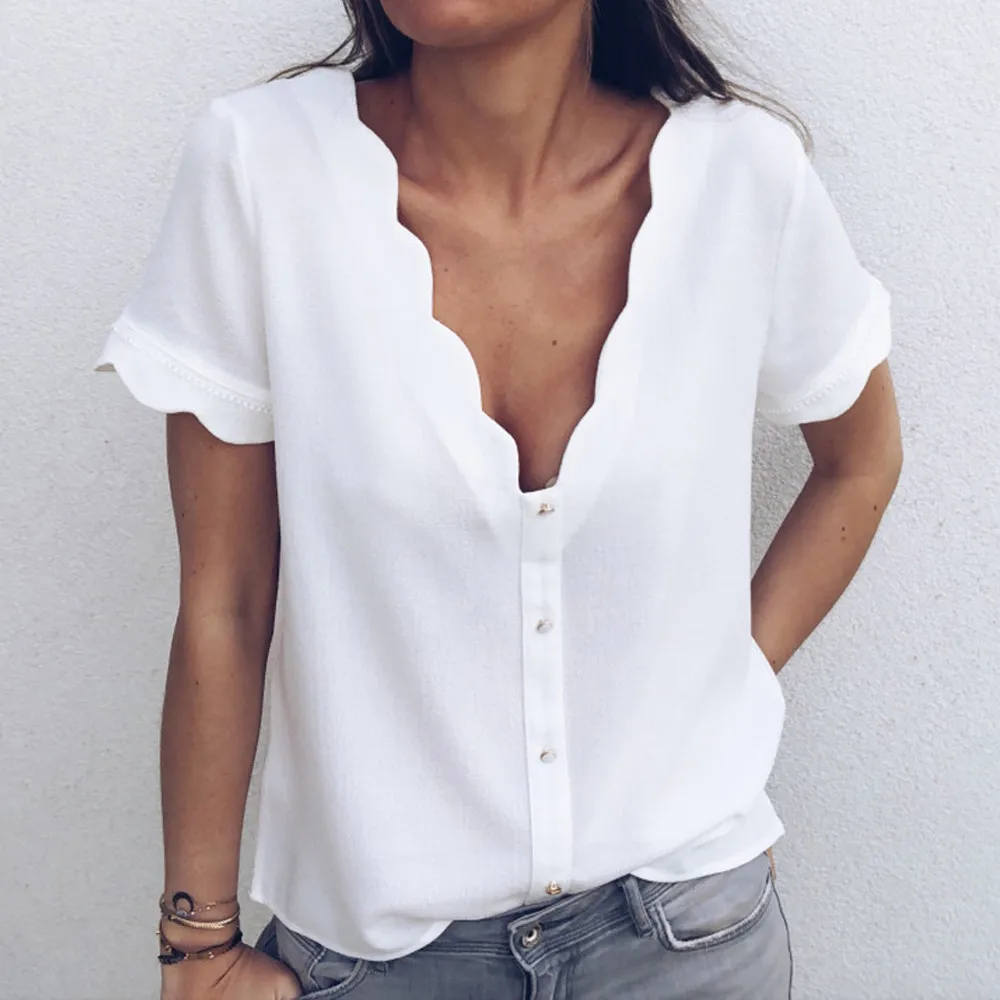 

Women Chiffon Button White V Neck Lace Sexy Short Sleeve Blouse Top Crop Shirt tunic top blusas camisas mujer roupa feminina A20