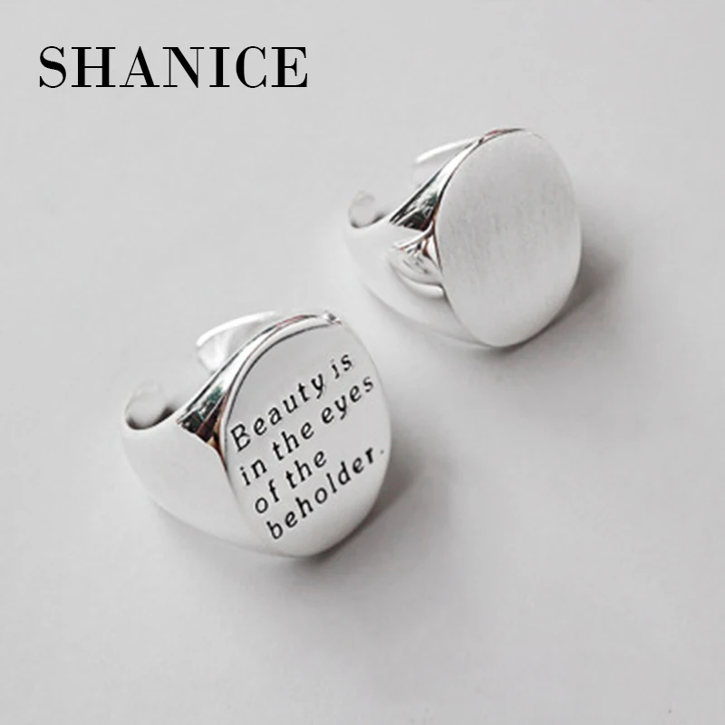 

SHANICE Women 100% Real Pure 925 Sterling Silver Open Ring Wide Oval Brushed Surface Smooth English Letters Pary Jewelry