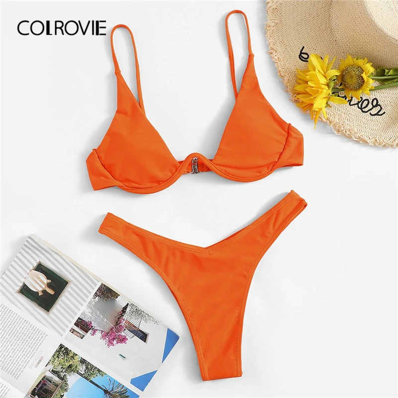 

COLROVIE Orange Solid Underwire Top With High Cut Thong 2019 Summer Beach Style Bra And Panties Vacation Bathing Swim Suit Set