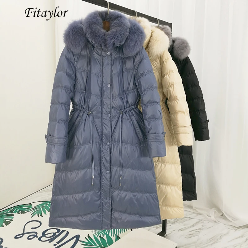 

Fitaylor Women Winter White Duck Down Parka Large Real Fox Fur Collar Hooded Down Jacket Long Coat Korean Style Slim Outerwear