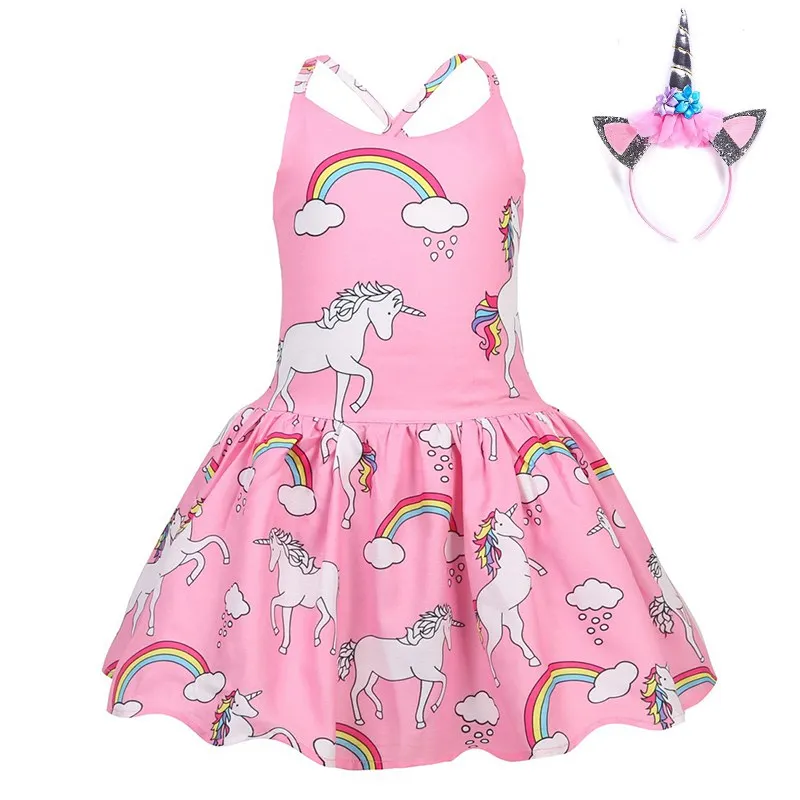 

MUABABY Girls Unicorn Dress Backless Straps Flared Unicornio Clothes Children Summer Rainbow Clouds Princess Sundress Outfits
