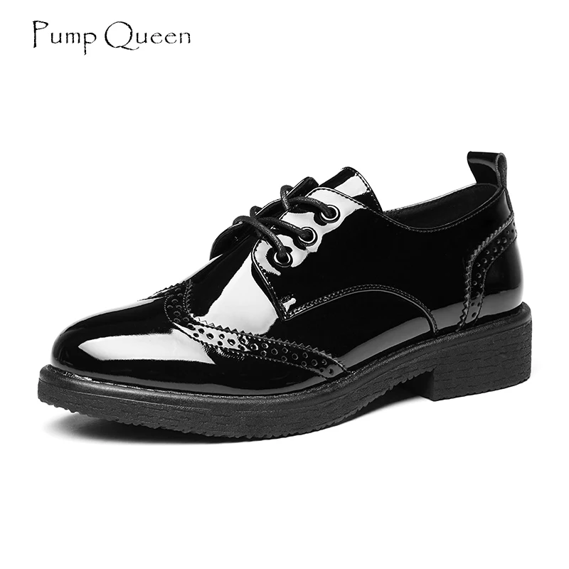

PumpQueen Shoes Brogue Women 2018 Summer New Fashion British Style Woman Casual Martin Shoes Flats Black Lace-Up Zapatos Mujer