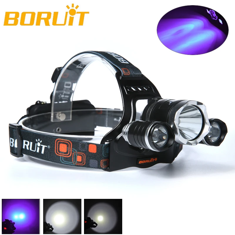 BORUIT 5000LM 3x XML T6 + 2R2 395nm UV Licht LED Stirnlampe kopficht EU Ladegerat для кемпинга рыбалки велоспорта