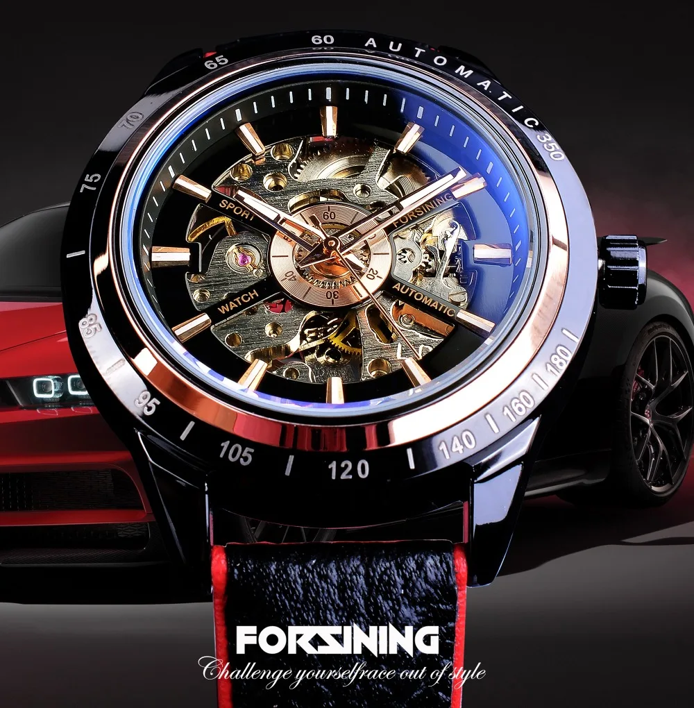 Forsining гонки модный дизайн кожаный прозрачный Чехол Мужские часы Топ бренд Роскошный механический автоматический мужские наручные часы