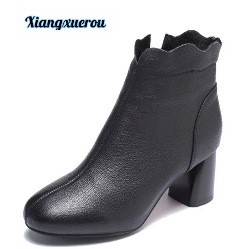 

Xiangxuerou New casual leather short boots for women with round head and high heel