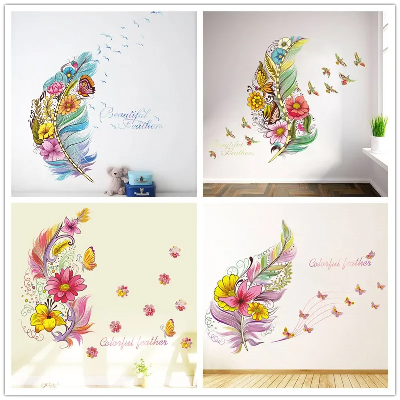 

% colourful feathers flower butterfly wall stickers decals home decor bedroom living room art decal poster animals home hotels
