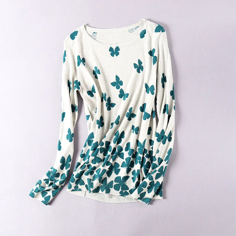 Women sweater light thin soft female knitted top ice silk printed slim long-sleeve spring autumn Sweaters