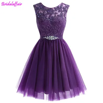 

High Quality Sexy Short 2019 Purple Prom Dress V Neck Appliques Beading Zip Back Cheap Women Cocktail Party Gown Gala Jurken