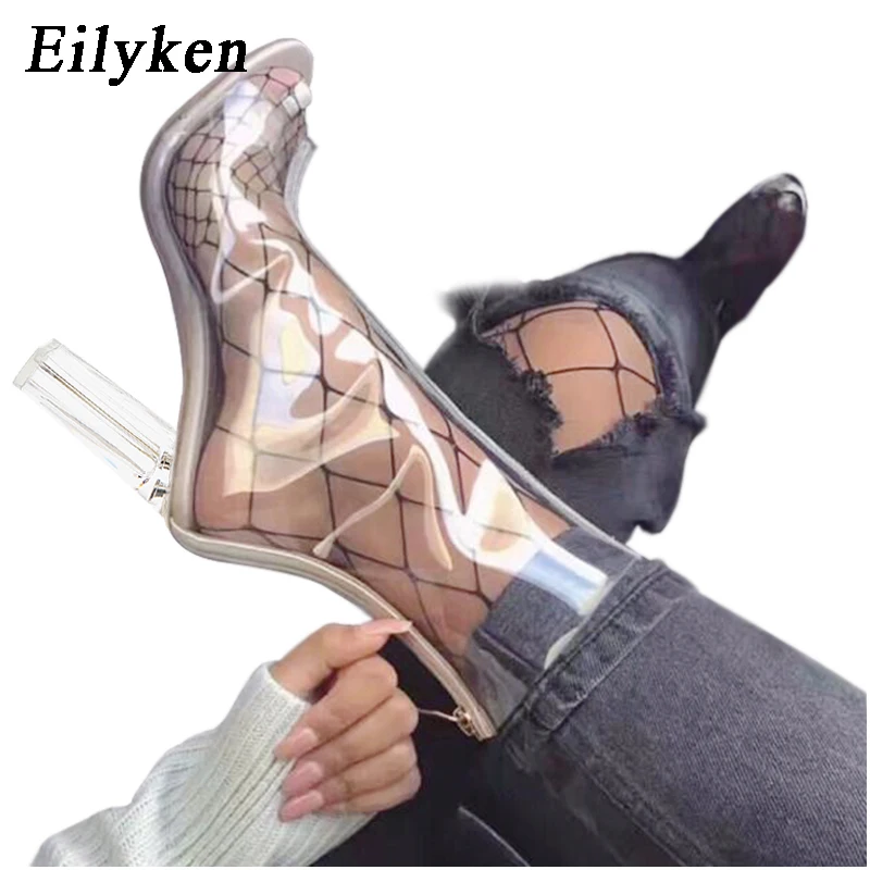 

Eilyken Sexy PVC Transparent Boots Sandals Peep Toe Kim Kardashian Shoes Clear Chunky heels Sandals Mujer Women Boots 11CM