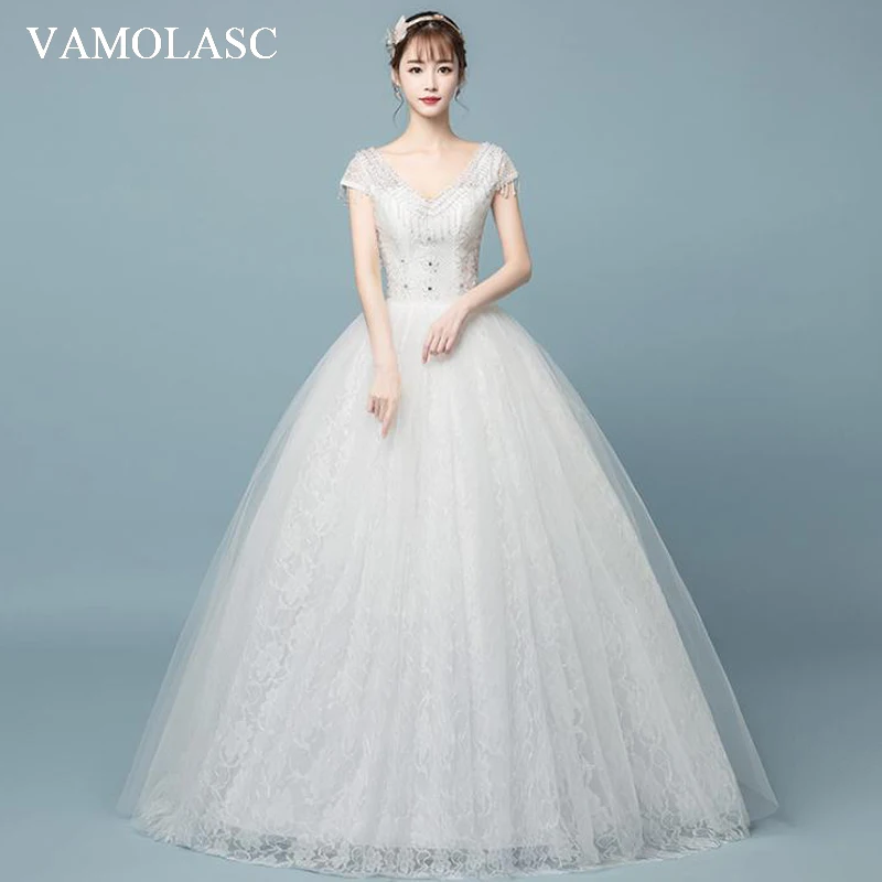 

VAMOLASC Sequined V Neck Lace Appliques Ball Gown Wedding Dresses Beading Short Cap Sleeve Backless Bridal Gowns