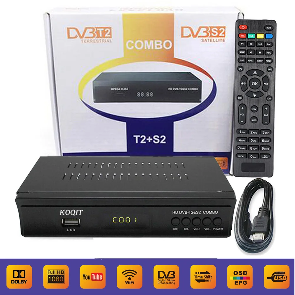 

KOQIT FTA Digital Terrestrial Satellite DVB-T2 DVB-S2 Combo Receiver Decoder AC3 TV Tuner IPTV m3u iks Key Cline Youtube Wifi