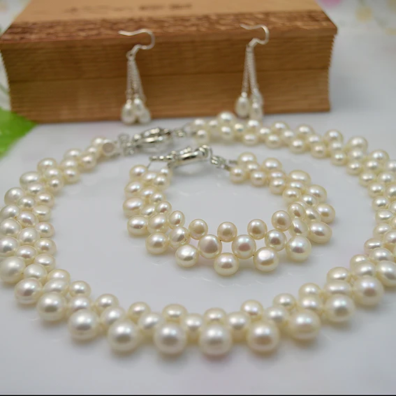 Натуральный набор жемчужных украшений белого цвета женские пресноводные жемчужные ожерелья браслет серьги 925 серебряные серьги драгоценные ювелирные изделия