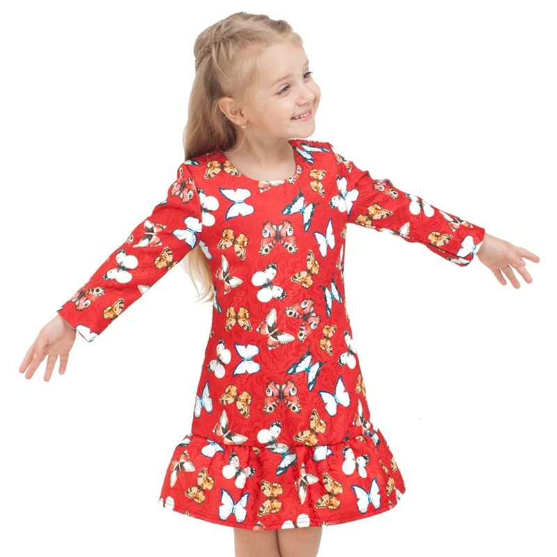 

Fashion Monsoon Girls Printed Dress Fall 2016 Kids Dresses Girl Long Sleeve Clothing Baby Christmas Clothes Red Butterfly Dress
