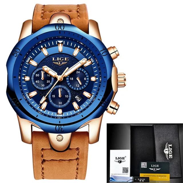 LIGE Мужские часы Роскошные брендовые синие кварцевые часы мужские повседневные кожаные военные водонепроницаемые спортивные наручные часы Relogio Masculino - Цвет: Rose White
