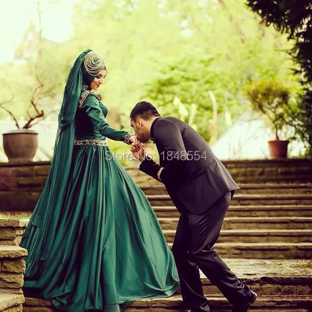 MZY302 Emerald Green Long Sleeve Crystal Beaded Floor Length font b Hijab b font Muslim Wedding