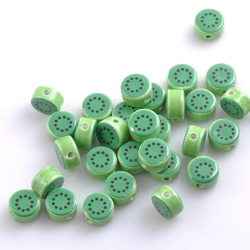 16x9mm 10pcs green Round kiwi fruit print Ceramic Beads Loose Beads Fit